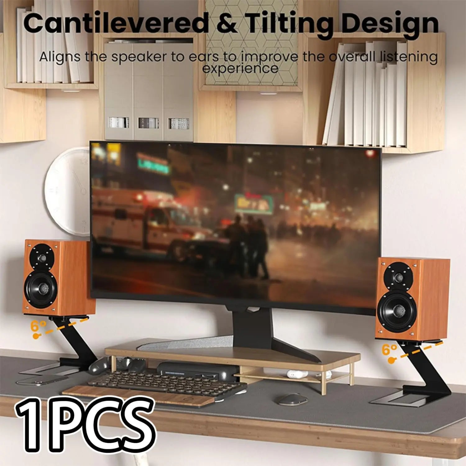 Desktop Speaker Stand, Studio Monitor Riser 6° Incline Design Space Saving Mount with Vibration Absorption Pad for Study Room