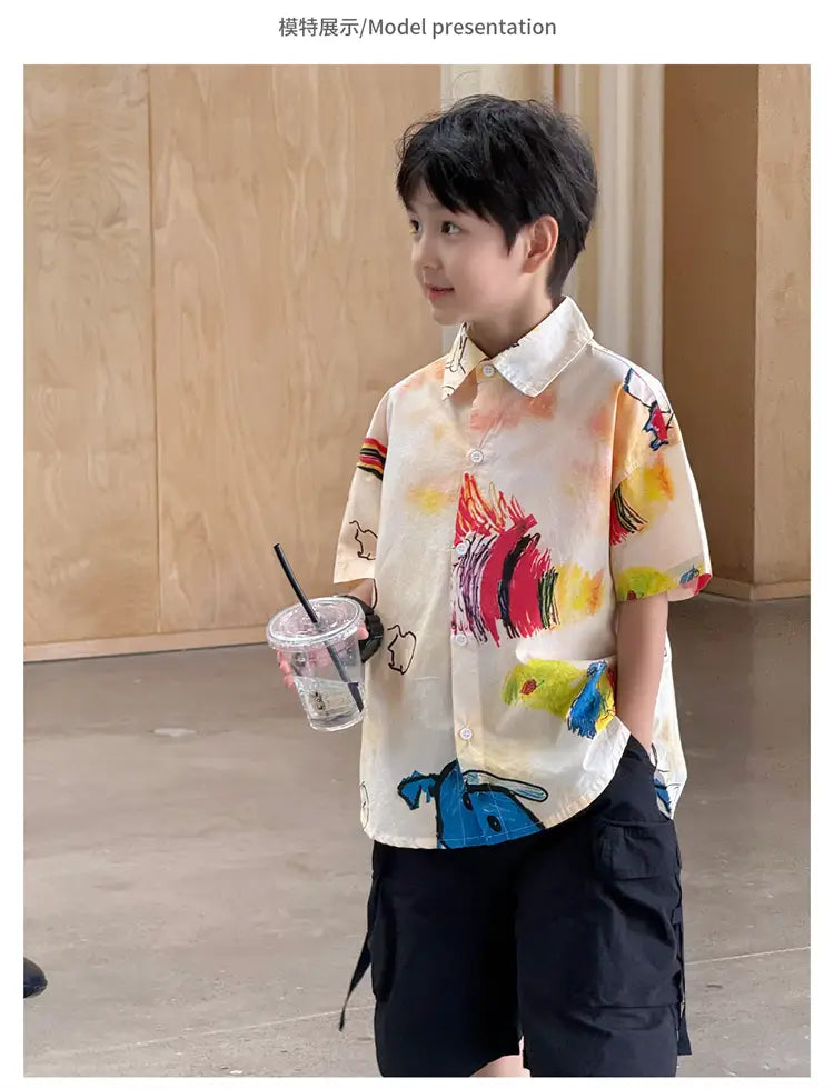 Hiphop Fashion Style Kids Boy Hip Hop Shirt with Drawings Baby Child Hiphop Rapper Dance Clothes Y2K Streetwear Clothes Tops