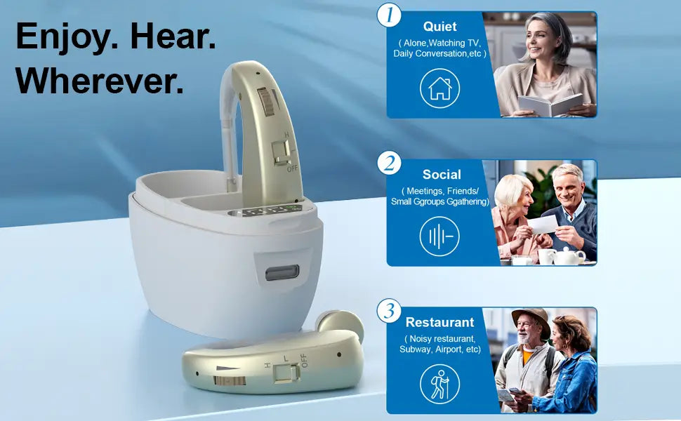 Auxiliary headphones sound amplifier noise reduction adjustable volume hanging ear with charging case