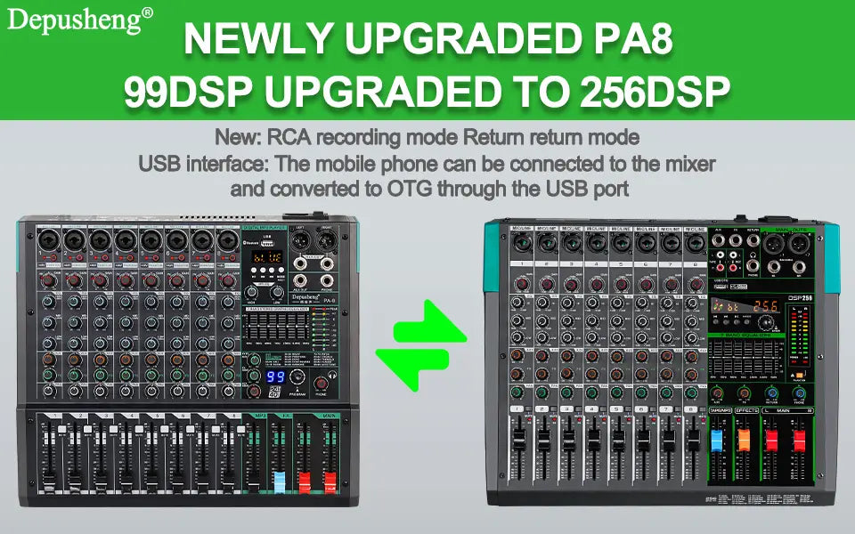 Professional Audio Mixer Depusheng MG8 8 Channel Sound Board Console DJ Mixing Desk System Interface Built-in 256 Reverb Effect