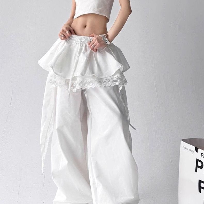 High Quality Lace Tiered Skirt Baggy Full Length Pants Hip Hop Dance Sexy Women Girls Casual Summer Trousers Elastic Drawstring