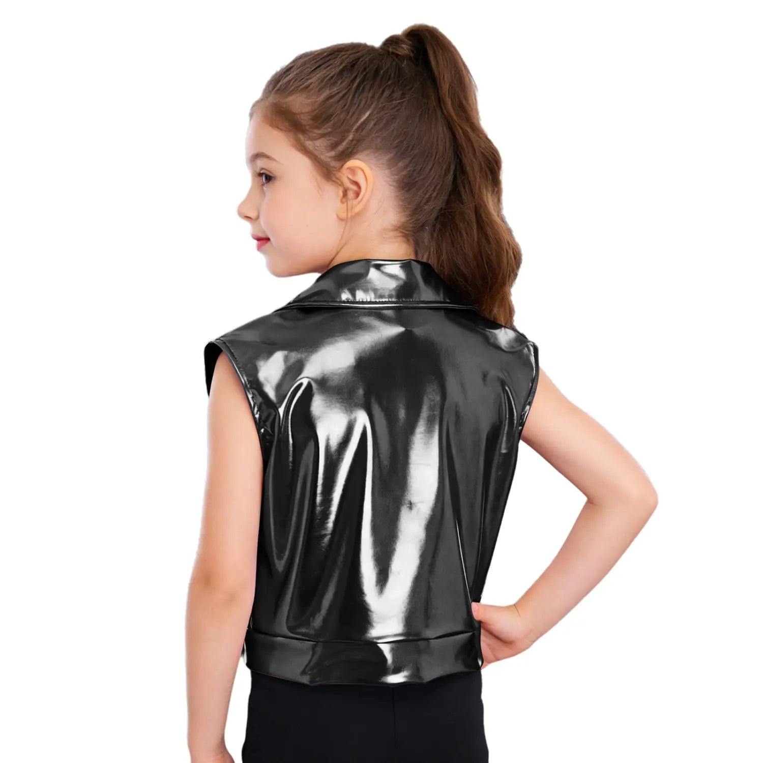 Kids Boys Girls Hip Hop Jazz Dance Performance Costume Turn-Down Collar Vest Zipper Metallic Jacket Tops Sleeveless Outerwear