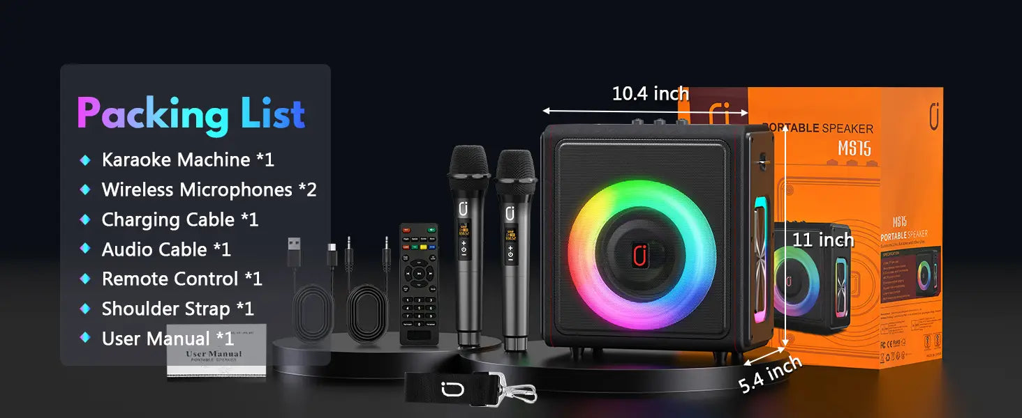 Karaoke Machine Portable Bluetooth Speaker with Microphones PA System with 2 Karaoke Microphones Disco Lights for Home Parties