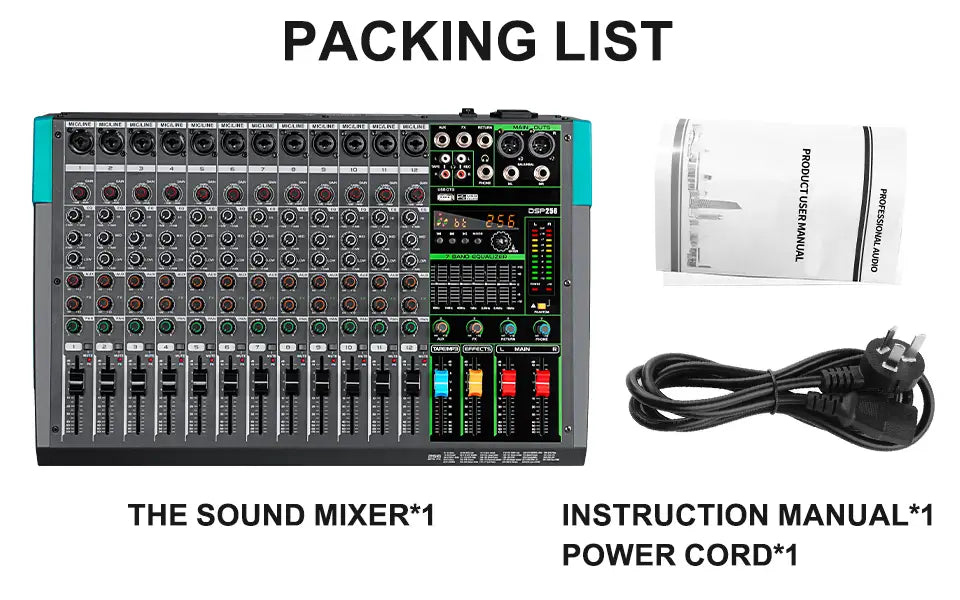 12 Channels Audio Sound Mixer Depusheng MG12 Mixing DJ Console USB with 48V Phantom Power 256 DSP Effects Sound Table for stage