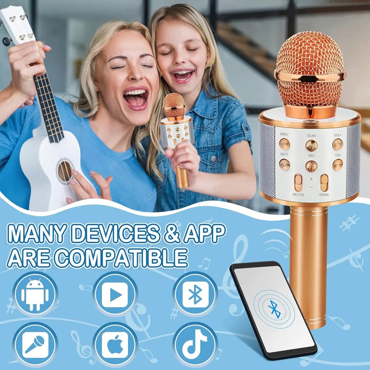 Wireless Bluetooth Karaoke Microphone for Kids 5-in-1 Portable Handheld Karaoke Mic Speaker Player Recorder with FM Radio