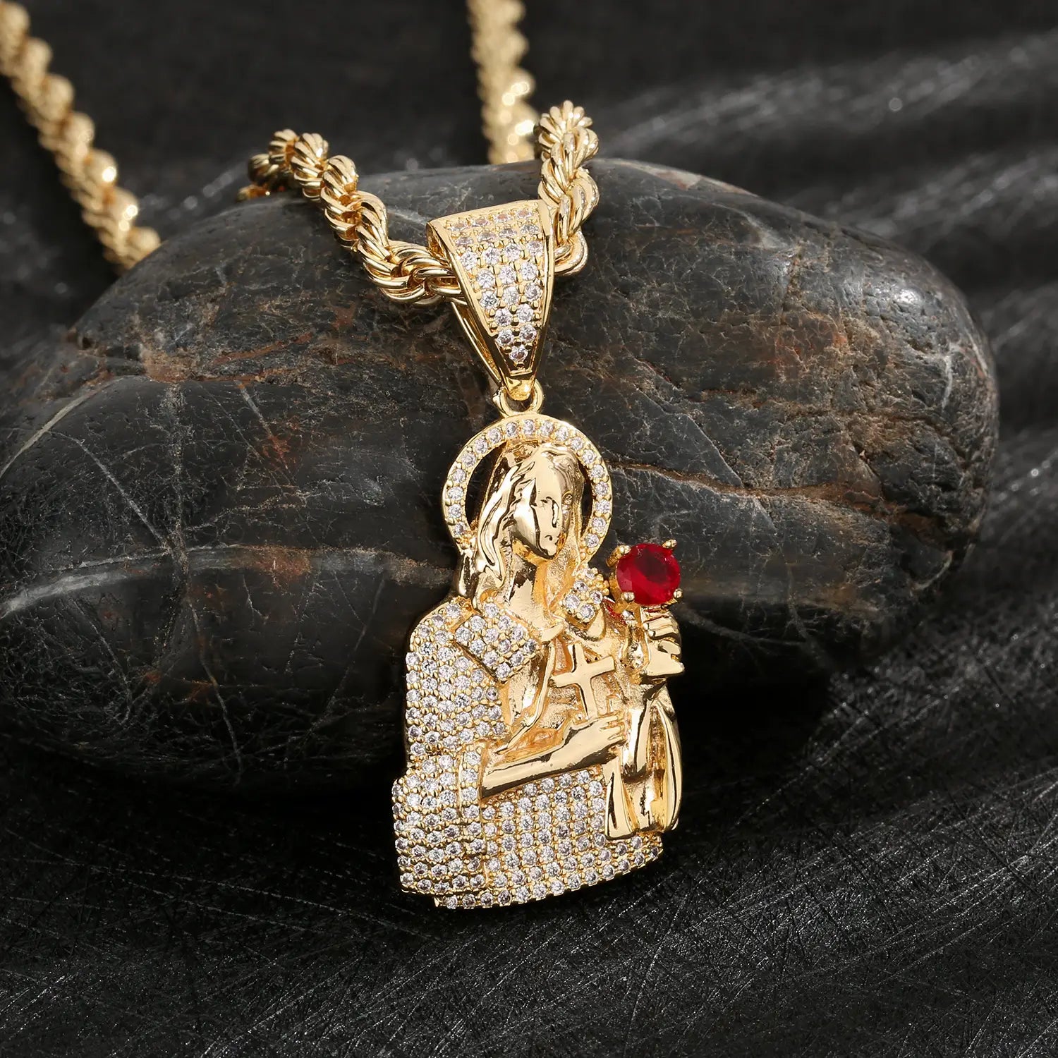 Hip-hop religious pendant for men and women made of copper plated with 14K gold wholesale available.