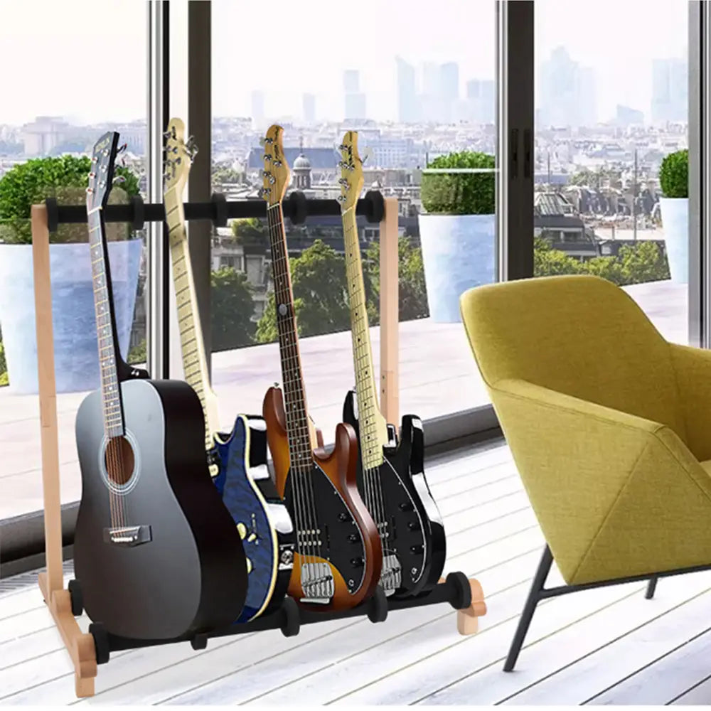 4 Rows Multi Guitar Wooden Stand Floor Display Stand Can Hang Bass Electric Guitar Ukulele Bass Instrument Playing Accessories