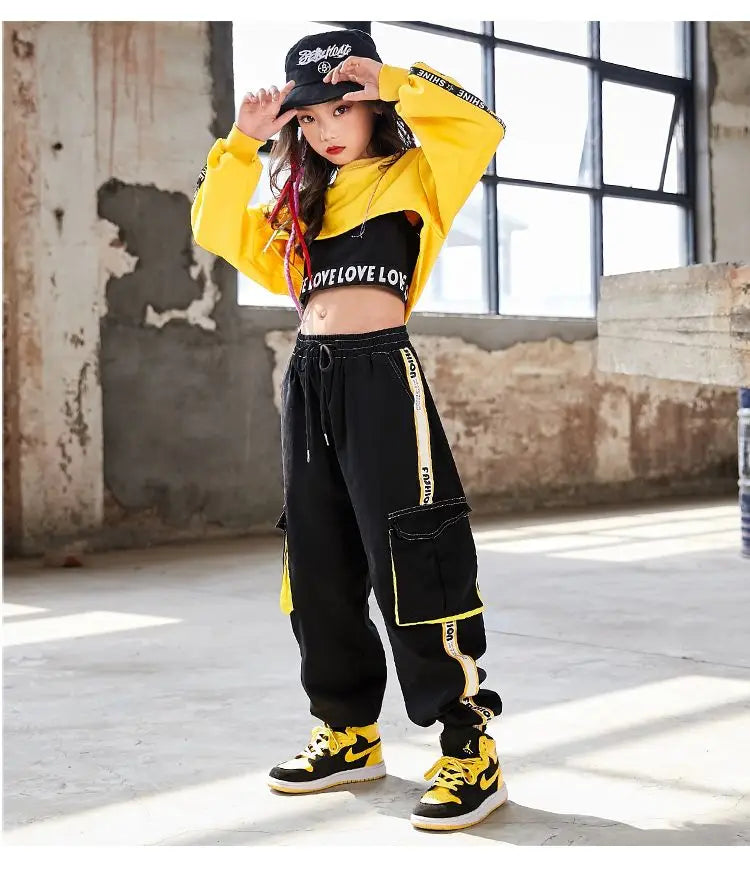 Hip Hop Girls Crop Top Contrast Street Dance Cargo Pants Children Sweatshirt Joggers Kids Streetwear Jazz Costumes Clothes Sets