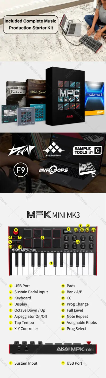 akai professional mpk mini play mk3 plus midi keyboard piano arranger music controller