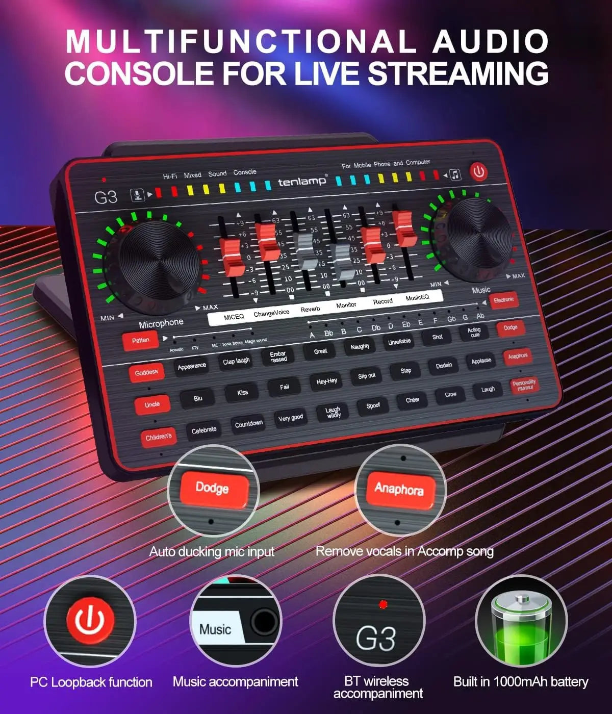 Audio Mixer with Sound Card tenlamp Two 3.5mm Studio Condenser Microphone and G3 Audio interface Sound Board Voice Changer