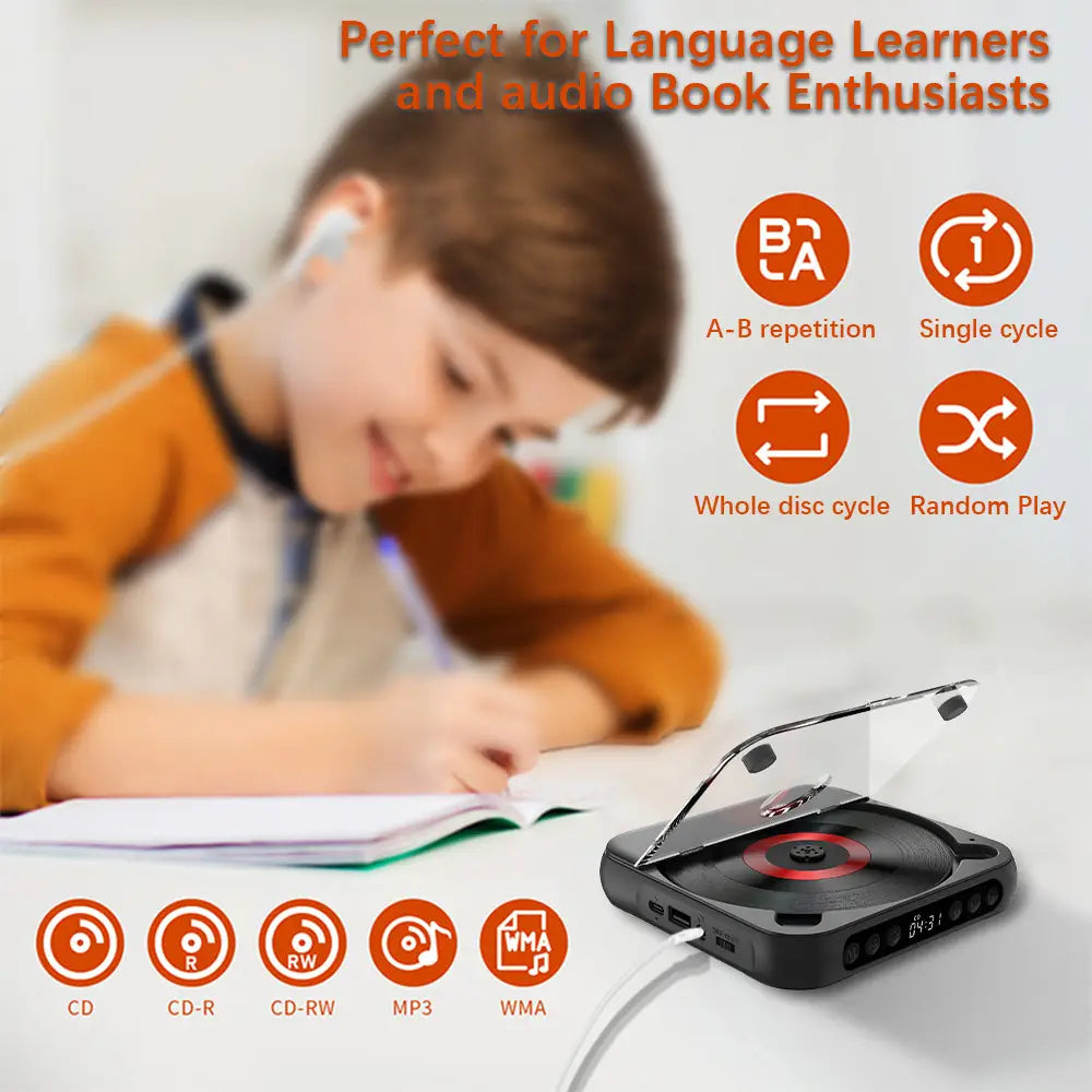 KC-918 CD Player Portable BT Music Player CD Runner Dustproof Cover 6 Modes A-B Repeat Timer Remote Control External Playback