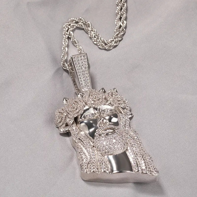 Hip Hop Micro Paved AAA+ Cubic Zirconia Bling Iced Out Flower Hat JESUS PIECE Pendants Necklaces for Men Rapper Jewelry