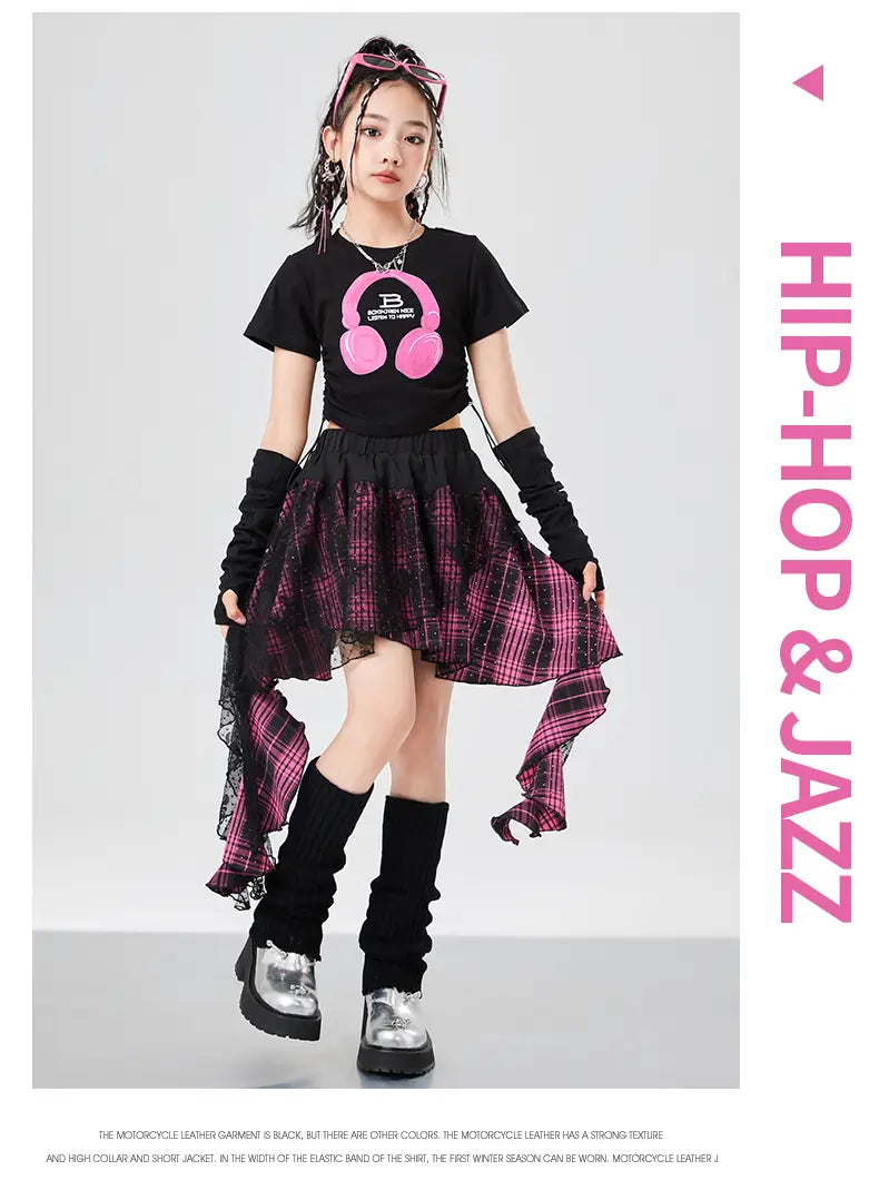 Kids Hiphop Fashion Style Rapper Clothes Set For Girl T-shirt Skirt Hip Hop Outfit Child Dance Wear Streetwear y2k Costume Suit