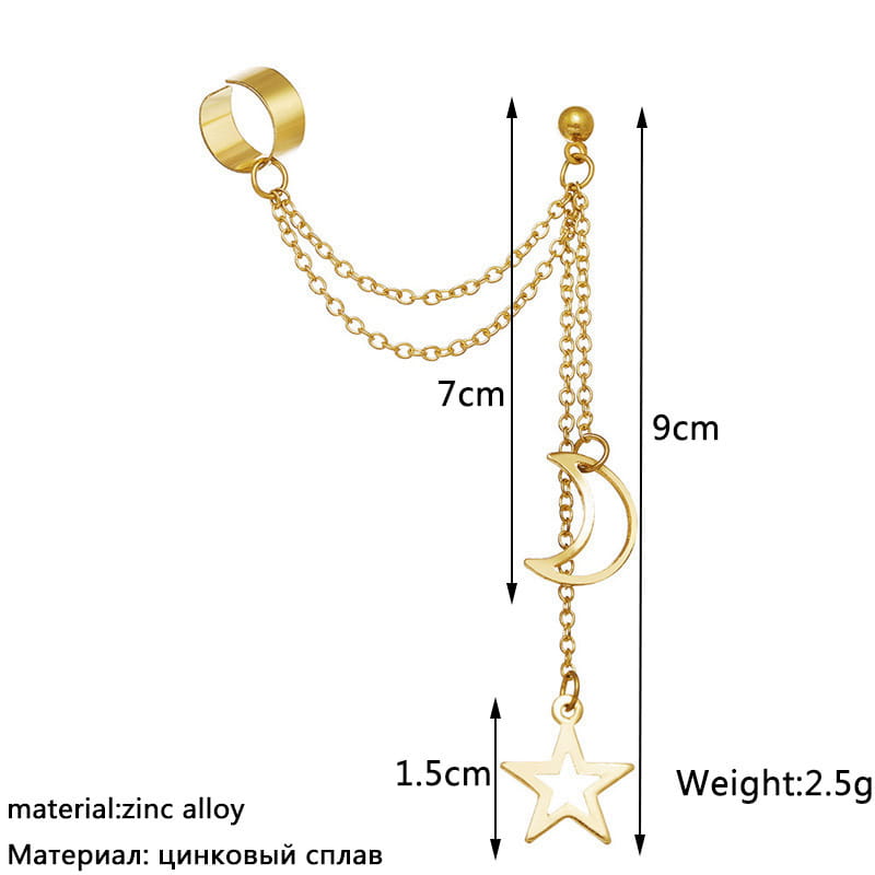 New Hiphop Clip Earrings for Women Star Moon Pendants Ear Cuff Punk Personality Gold Color Tassel Ear Clips aretes de mujer