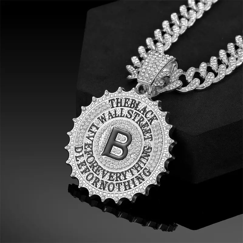 Hip Hop Round B Letter Pendant Necklace Men Gold Sliver Color Ice Out Crystal Sign Rock Pendant Rapper Bling Jewerly