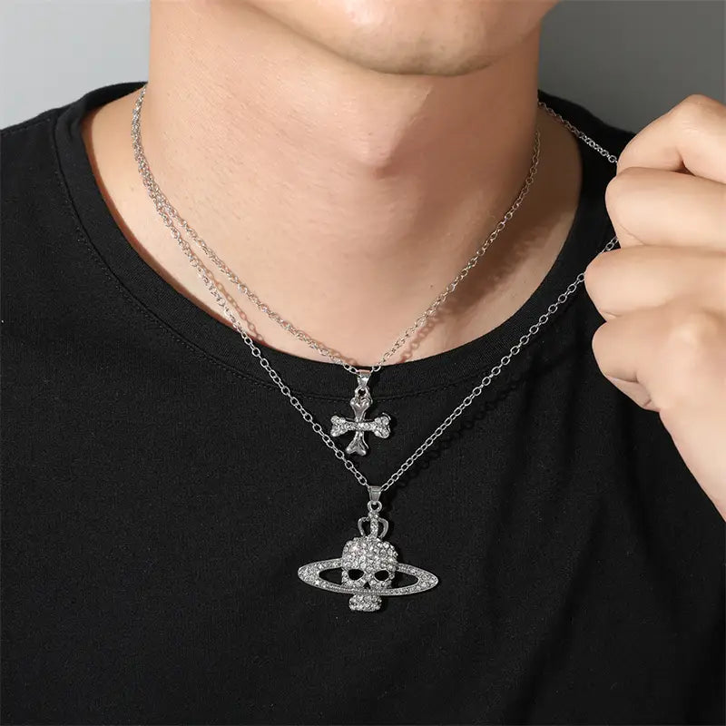 Rhinestone Skull Pendant Long Cross Chain Necklace Vintage Punk Goth Style for Women Men Unique Wholesale Jewelry Accessory