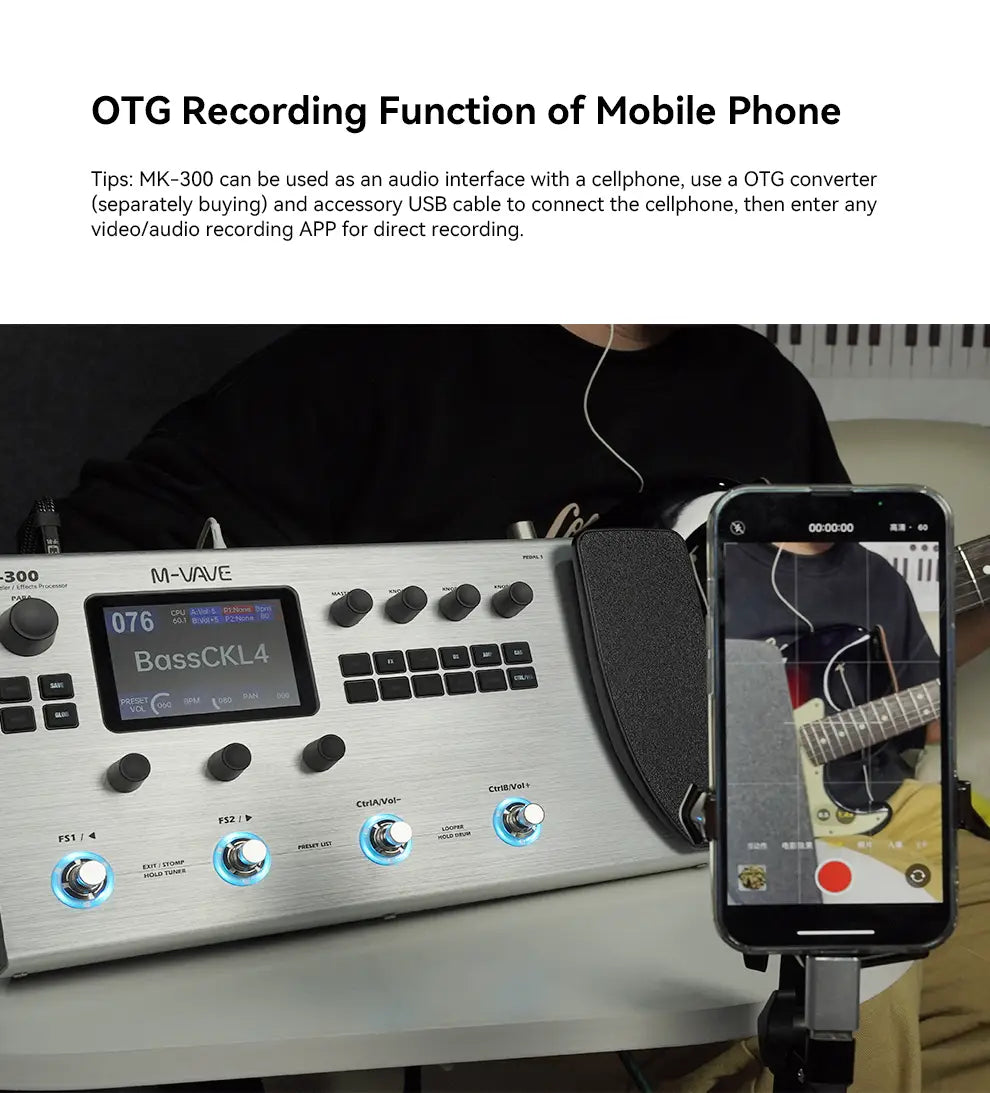 M-VAVE MK-300 Guitar/Bass Multi-Effect Processor Pedal | 300s Looper + 128 Drum MIDI DAW | ANN Neural Modeling 120AMP 360FX