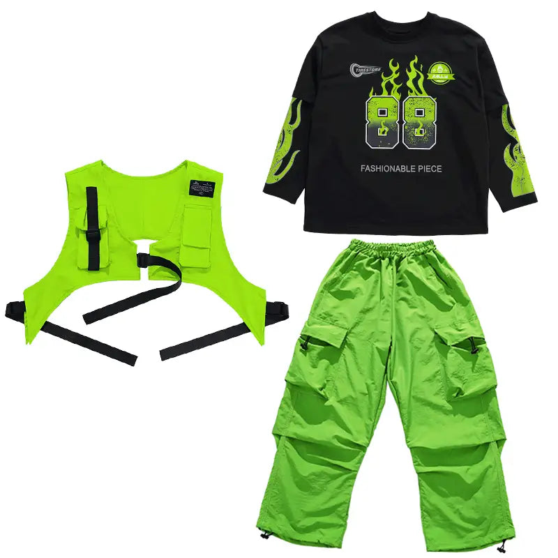 Korean Teenager Hiphop Rapper Clothes Outfit Top And Bottom Clothes Set Children Hip Hop Style Streetwear Costume Stage Wear Boy