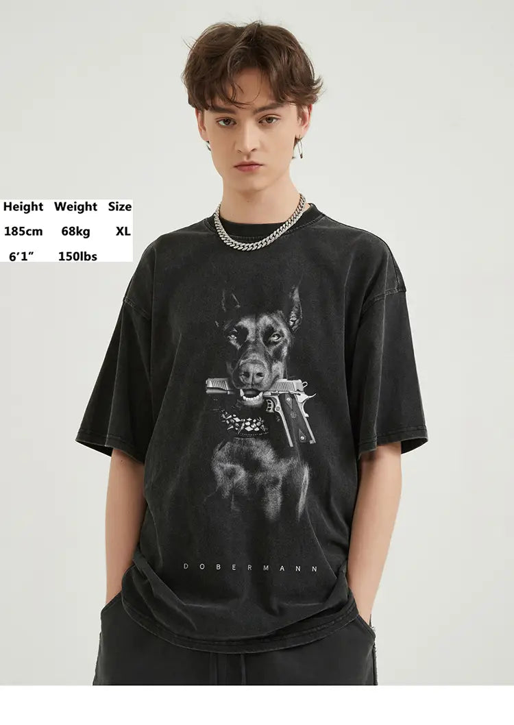 Hip Hop 2024 Vintage Washed Black T-Shirt Streetwear Doberman Dog Gun Graphic T Shirt Cotton Unisex Tshirt Men Tops Tee Hipster