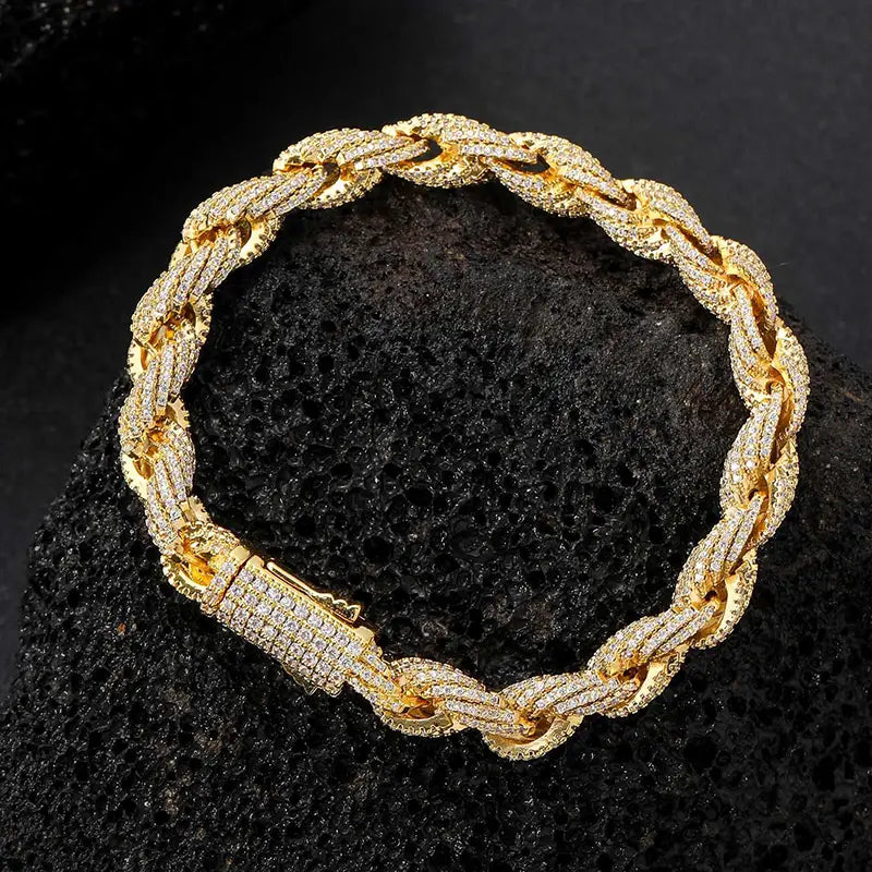 HIP Hop Full CZ Stone Paved Bling Iced Out 8mm Twist Rope Chain Chokers Necklace for Men Rapper Jewelry Gold Silver Color