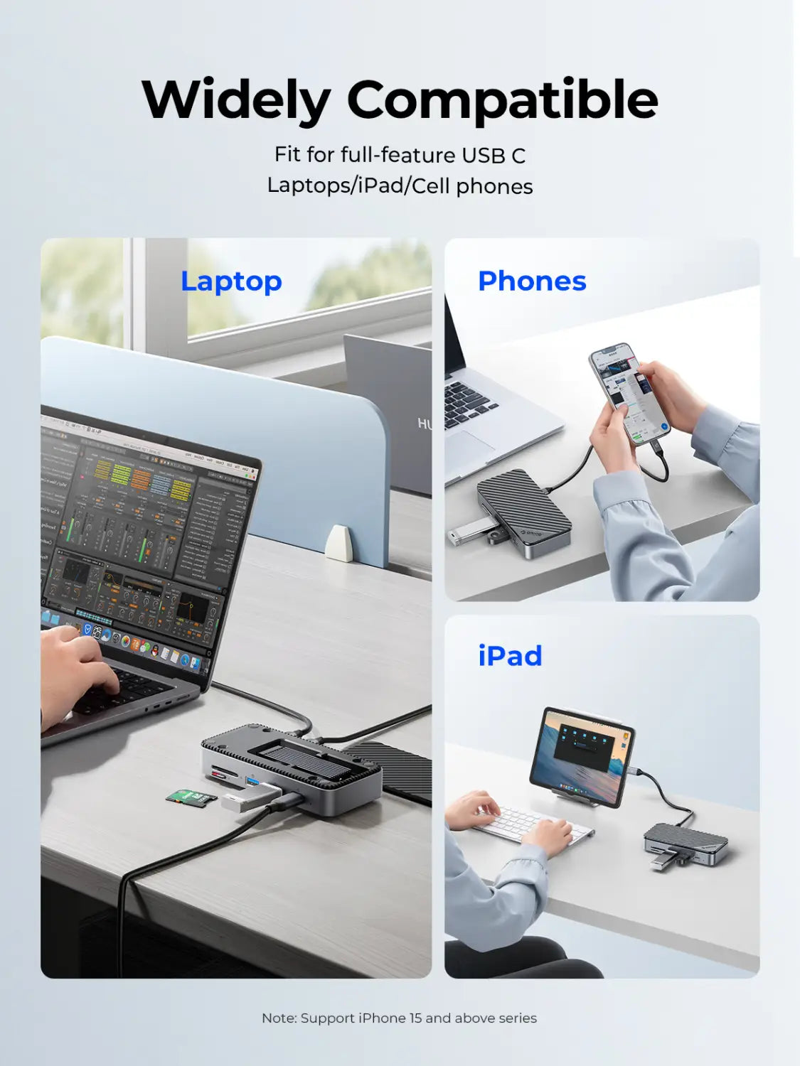 ORICO-USB C HUB with Cooling Fan M.2 NVMe SATA SSD Enclosure External 10Gbps 4K 60Hz HDMI-Com RJ45 SD TF Docking Station