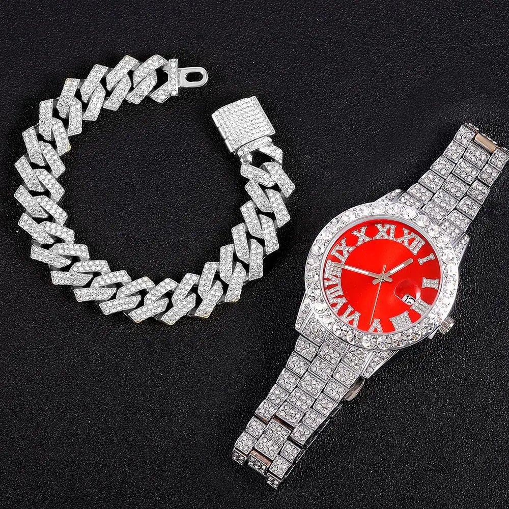 Exquisite Necklace + Watch + Bracelet Hip Hop Rapper Cuban Chain Gold Color Iced Out Paved Rhinestone Men African Jewelry Set New