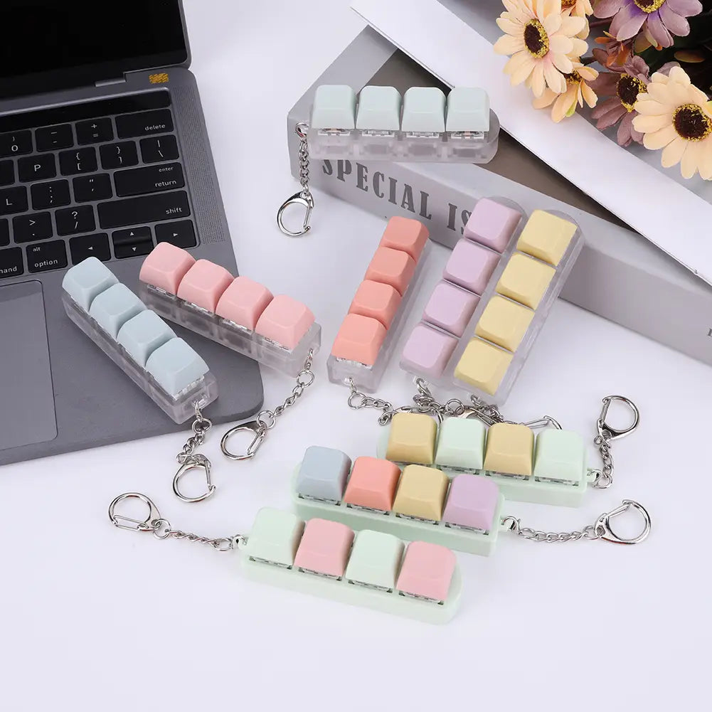 4 Keys Button Keycap Fidget Keychain Keyboard Key Toy Keyboard Clicker Toy Keyboard Cube Toy for Adult Gifts To Relief Pass Time