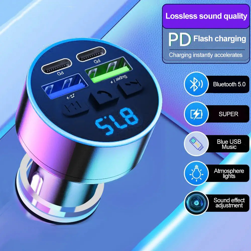 Bluetooth 5.0 FM Transmitter Handsfree Car AUX Radio Modulator MP3 Player 66W Dual PD Type-C USB Fast Charge With Volt display