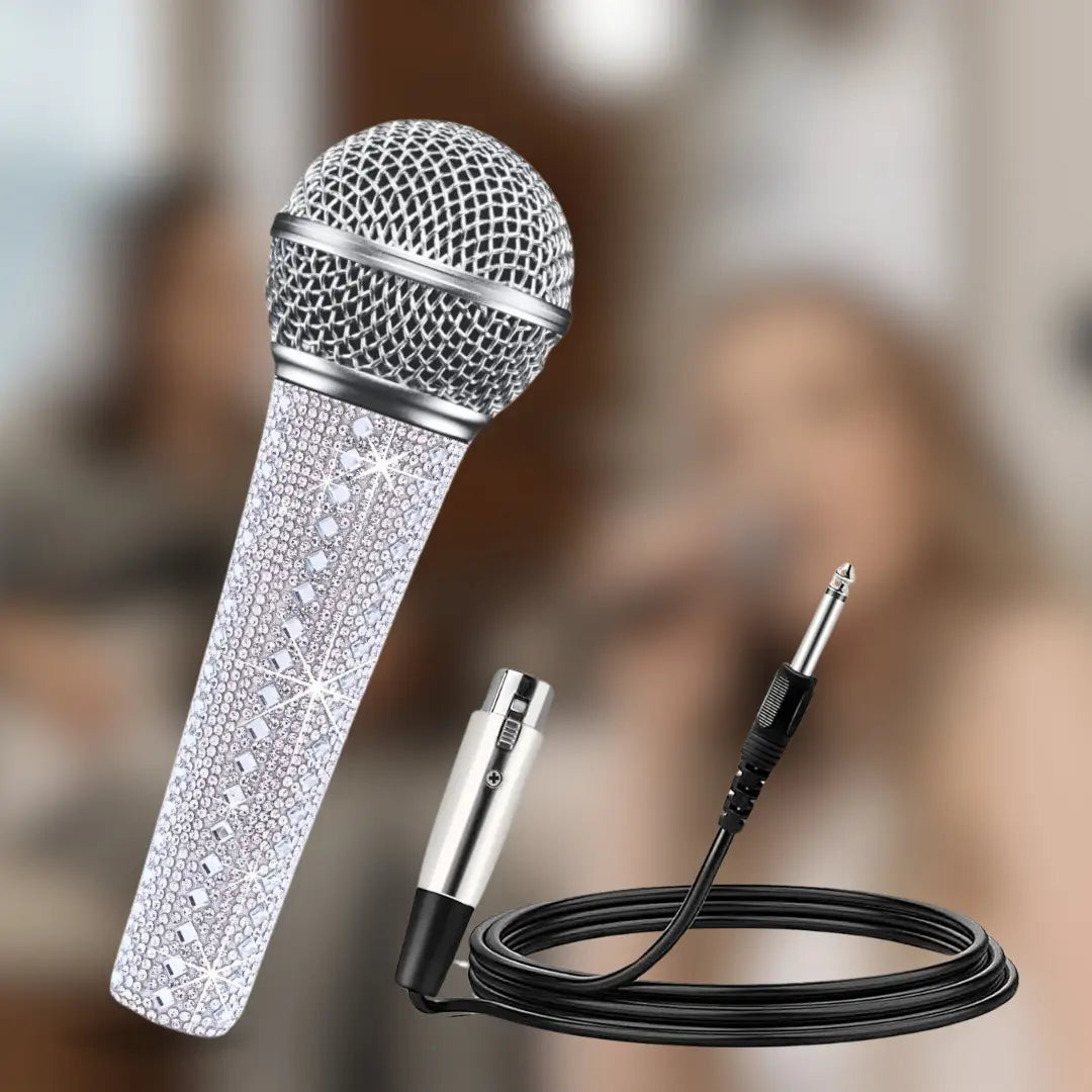 Professional Vocal Microphone for Singing Dynamic Handheld Wired Karaoke Mic,Shiny Sparkle White Decorative Handle Sleeve