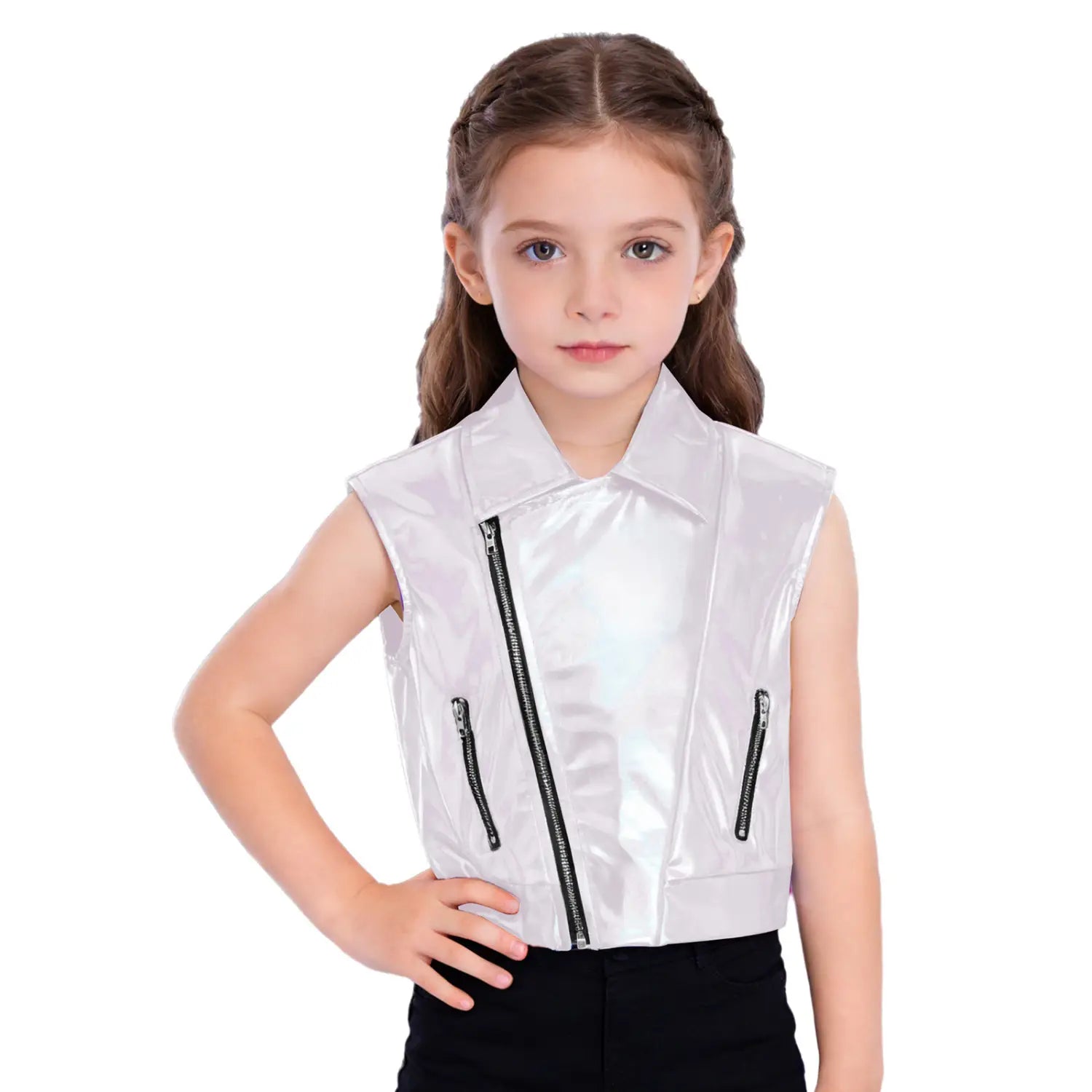Kids Boys Girls Hip Hop Jazz Dance Performance Costume Turn-Down Collar Vest Zipper Metallic Jacket Tops Sleeveless Outerwear
