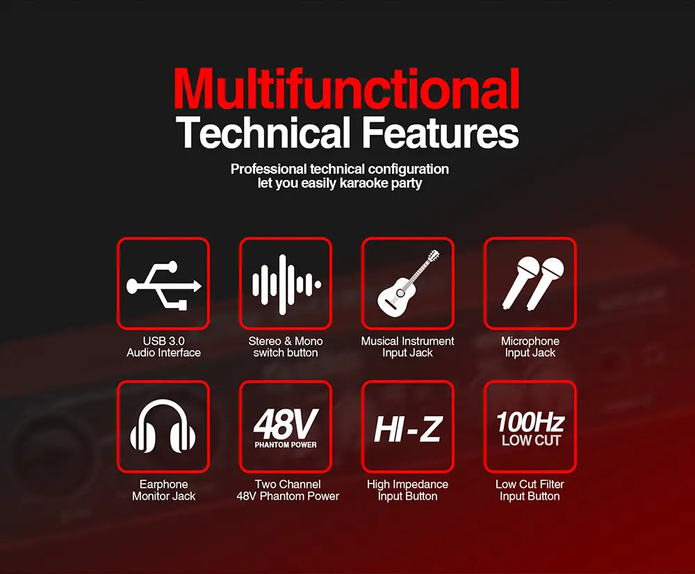 UC22 Audio Interface Sound Card 24-bit/192KHz AD Converter Electric Guitar Live Recording Professional Studio Singing Podcast