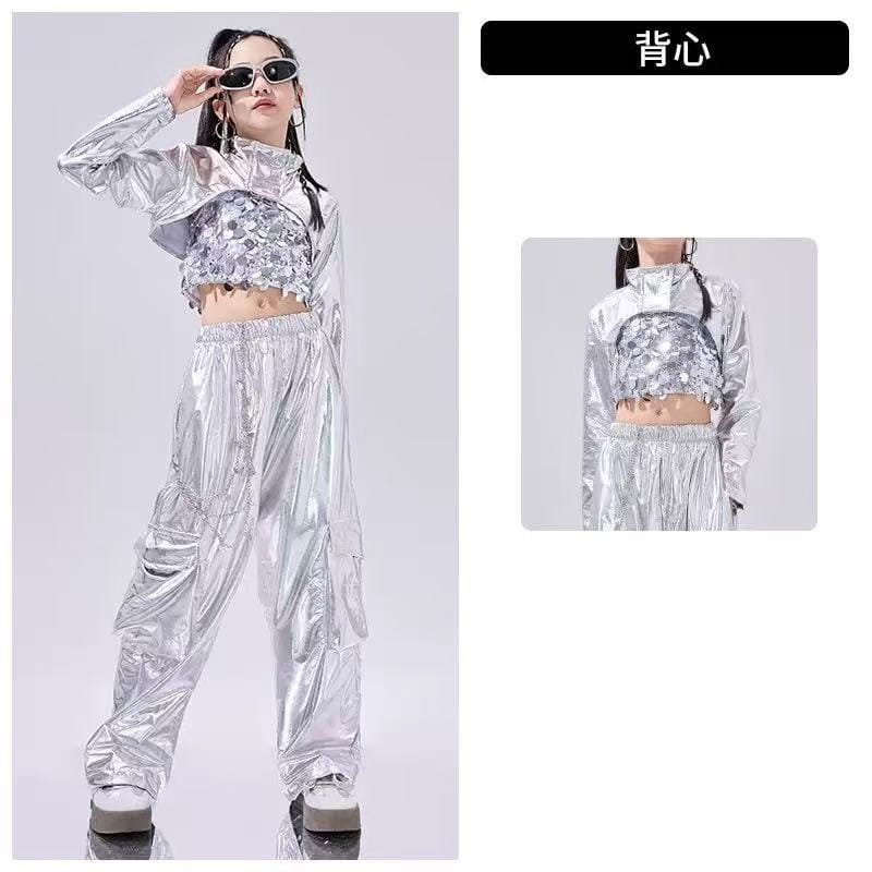 Hip-Hop Dance Clothes Reflective Rave Outfit Girl Sets Jazz Dancewear Festival Crop Tops Cargo Pants Catwalk Show Costume