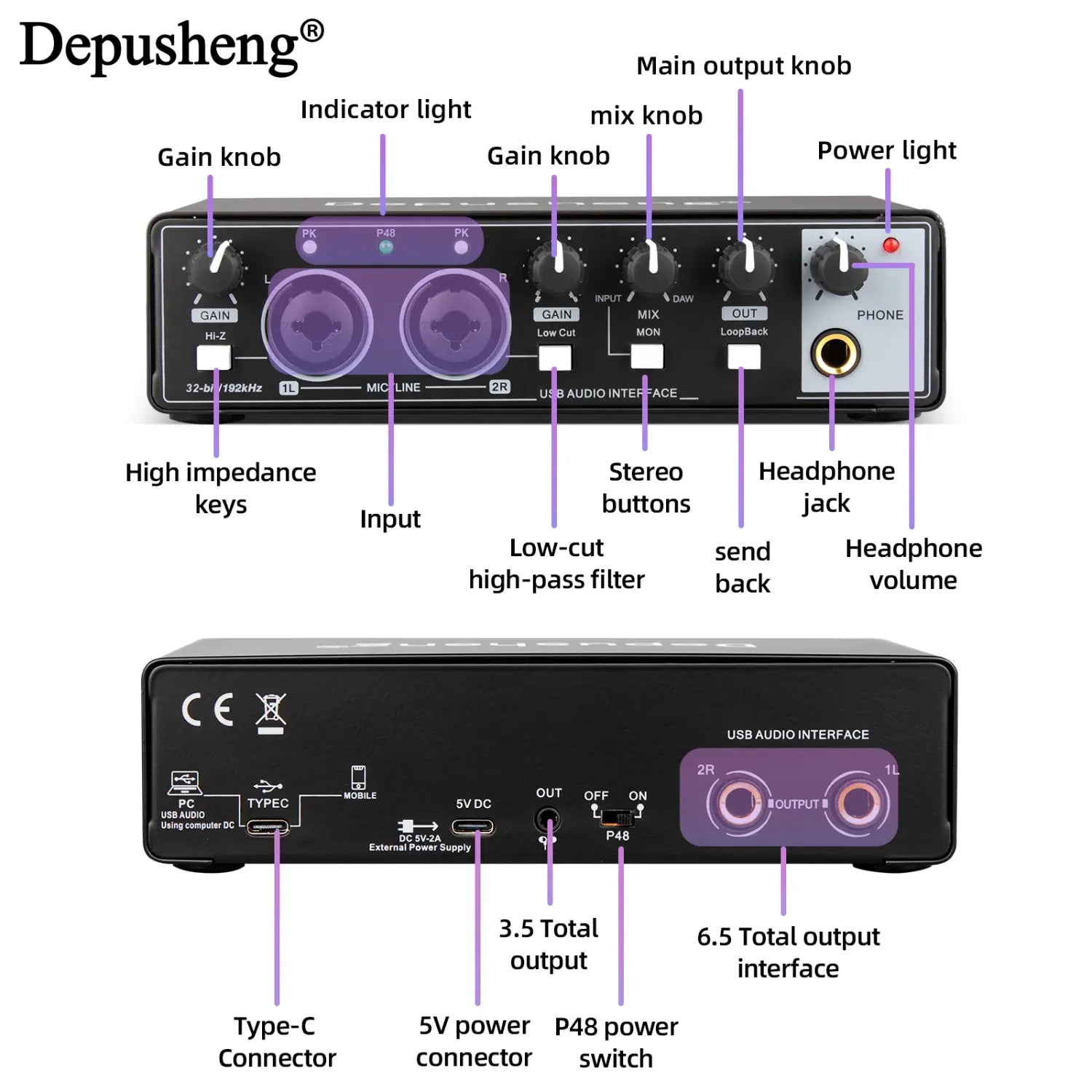 Audio Interface Depusheng MD22 USB 3.0 Sound Card with Monitoring Electric Guitar Live Recording For Studio Singing Micro