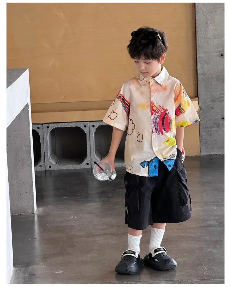 Hiphop Fashion Style Kids Boy Hip Hop Shirt with Drawings Baby Child Hiphop Rapper Dance Clothes Y2K Streetwear Clothes Tops