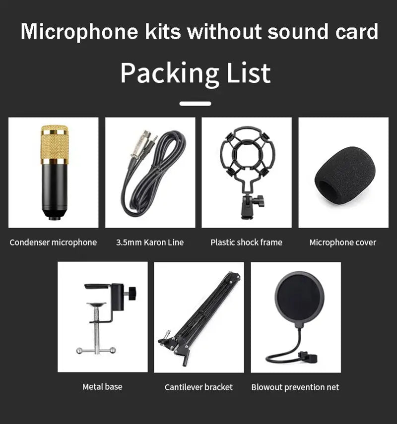 New BM800 Microphone Kits with Live Sound Card(Optional),Suspension Scissor Arm,Shock Mount and Pop Filter for Studio Recording