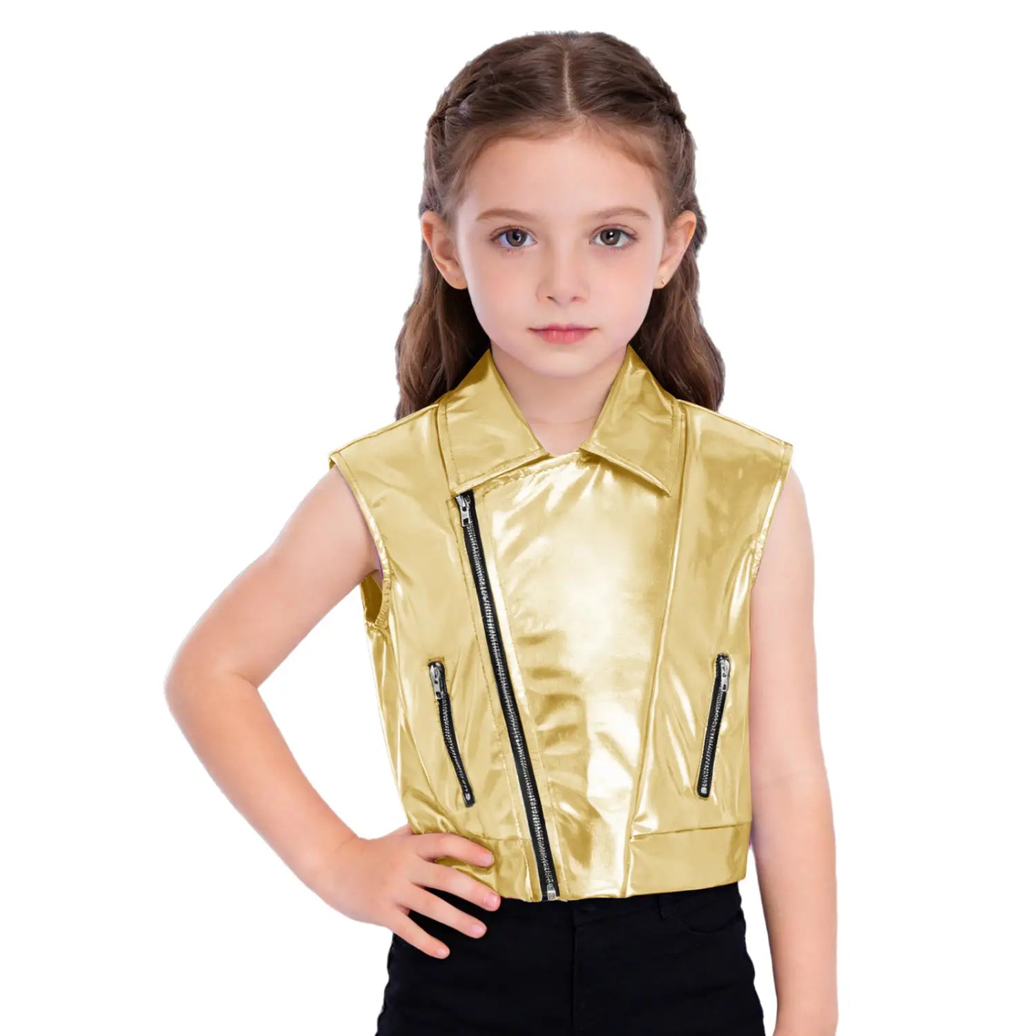 Kids Boys Girls Hip Hop Jazz Dance Performance Costume Turn-Down Collar Vest Zipper Metallic Jacket Tops Sleeveless Outerwear