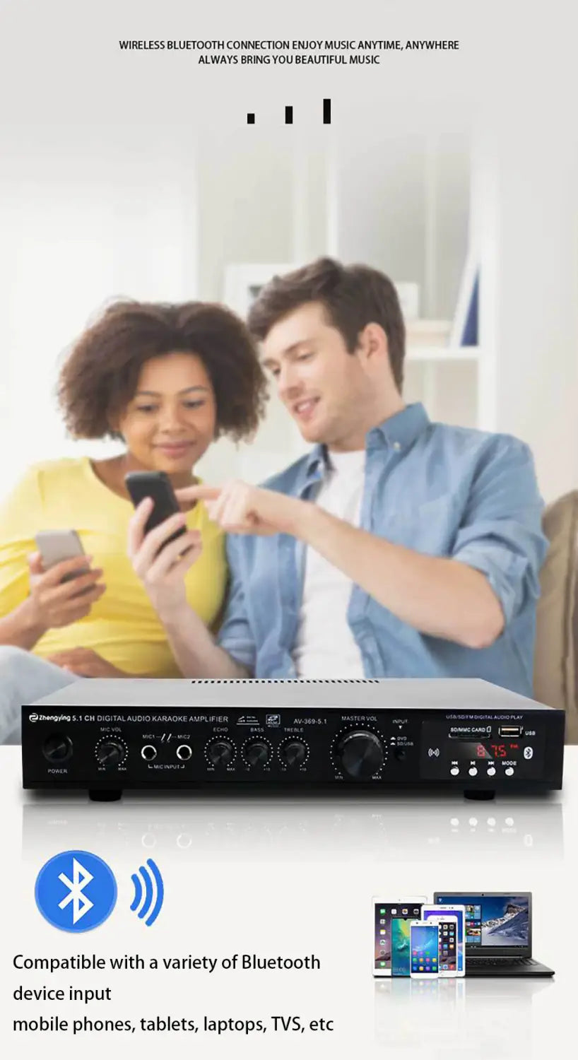 Bluetooth 5.1 Stereo Audio Amplifier Receiver 6 Channel Home Theater Audio Stereo System Components Home Amplifier FM Radio