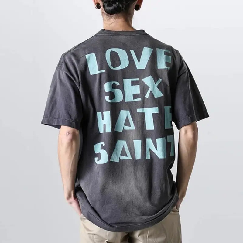 Hip Hop Retro Racing Style Graffiti Color Blocking Saint Micheal T-Shirt Men Women High Quality Oversized T Shirt Tee Tops
