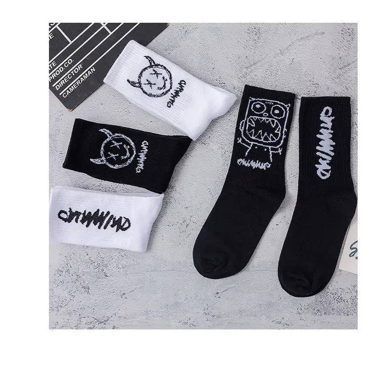 Men Women Socks Cotton Simplicity Anime Devil Grimace Harajuku Black White Graffiti Fashion Long Funny Hip Hop Sox Unisex medias