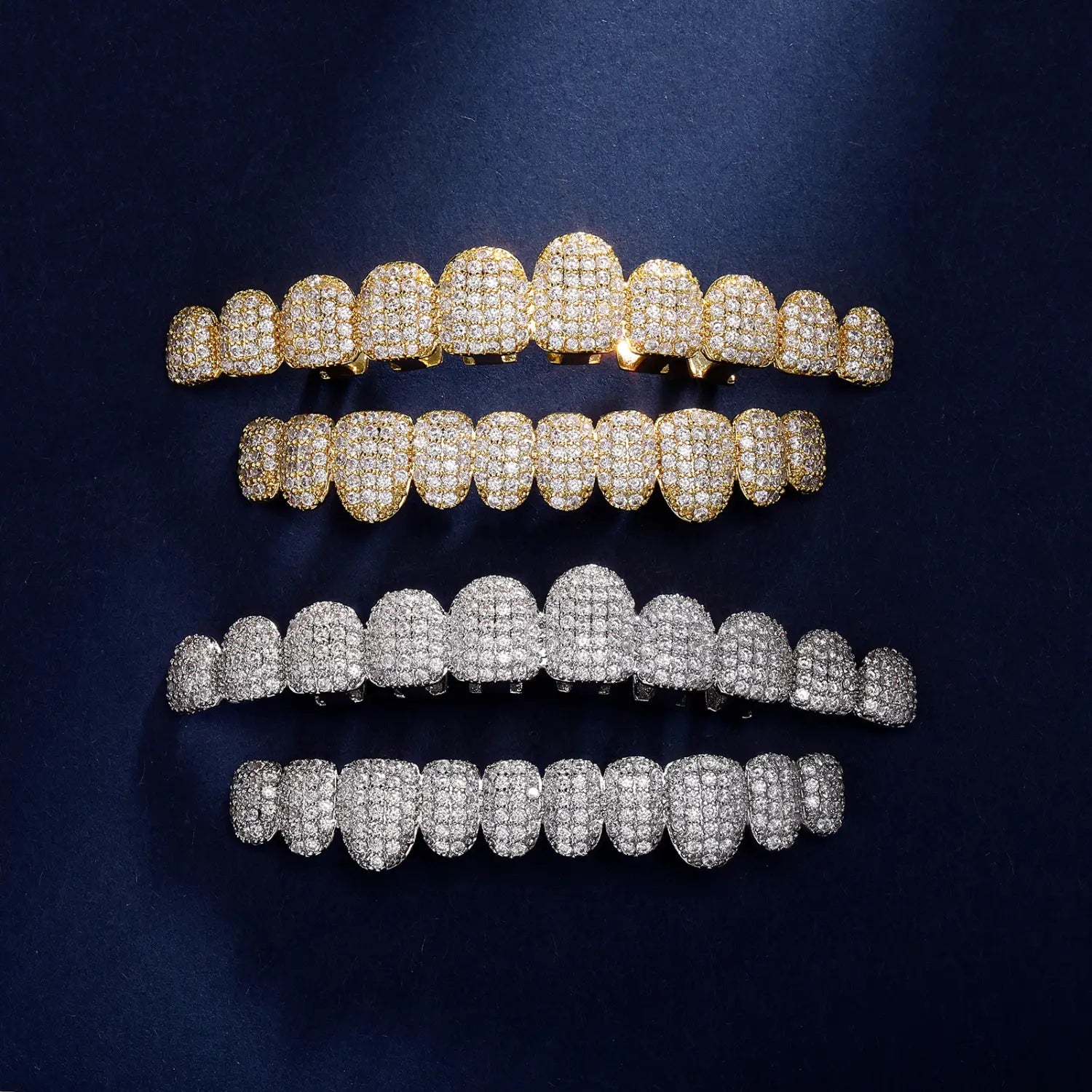 Hip pop Iced Out 10 Top &10 Bottom 5A CZ Stones Teeth Grillz Punk Rapper 14K Gold Plated Zircon Tooth Caps For Mouth Jewelry