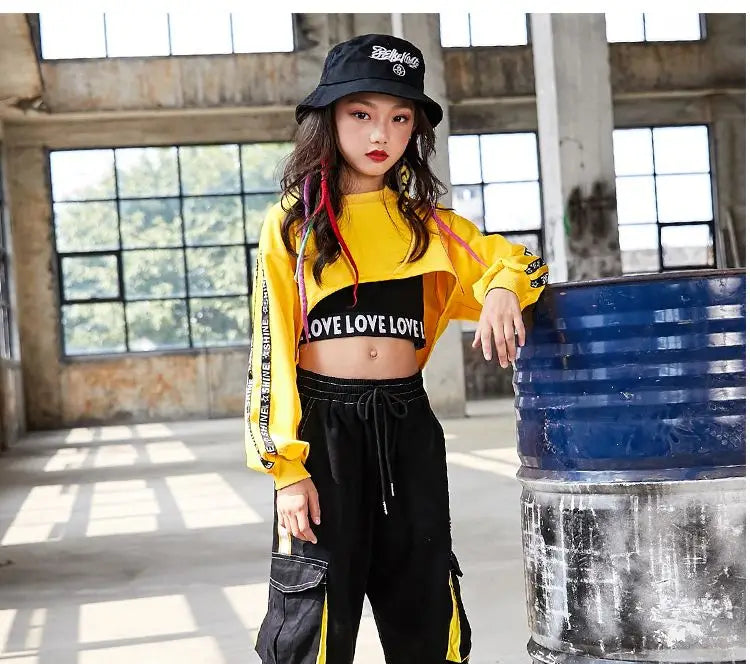Hip Hop Girls Crop Top Contrast Street Dance Cargo Pants Children Sweatshirt Joggers Kids Streetwear Jazz Costumes Clothes Sets