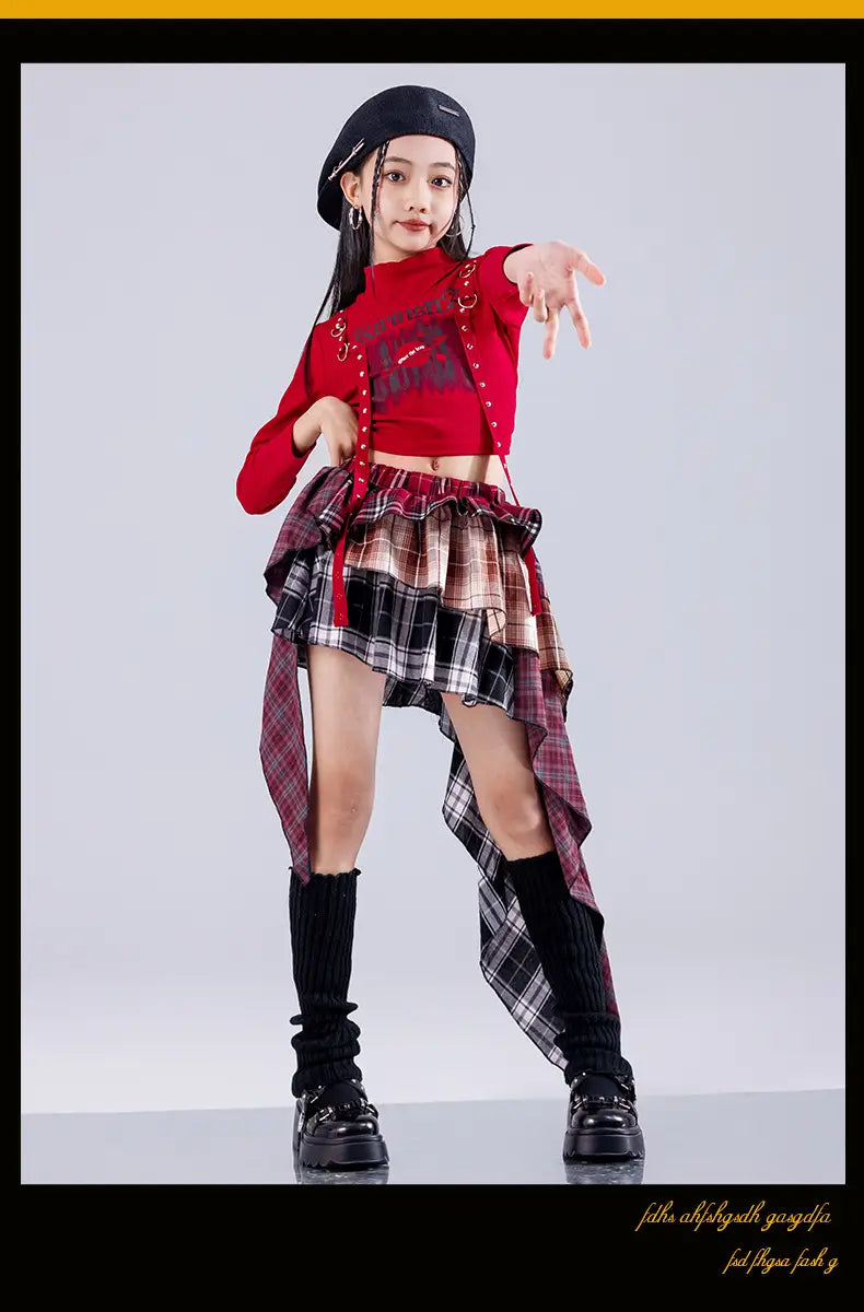 Hip Hop Girls K-pop Fashion Crop Top Street Dance Cargo Pants Plaid Skirts Kids Streetwear Children Jazz Girl Group Clothes Sets