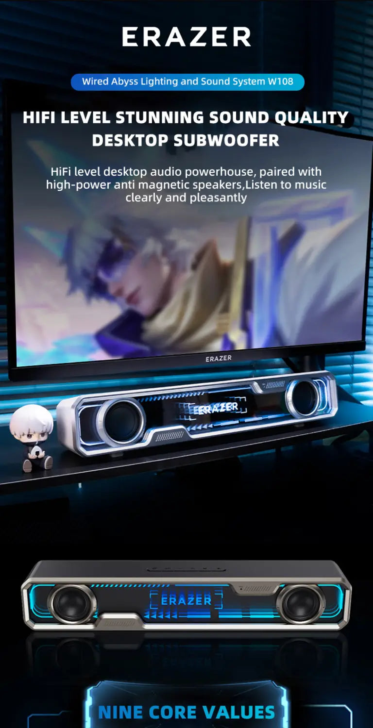 Lenovo Wired Bluetooth Speaker RGB Colorful Abyss light Effect Dual Speakers Dual Bass Diaphragm HIFI Stereo Surround Sound W108
