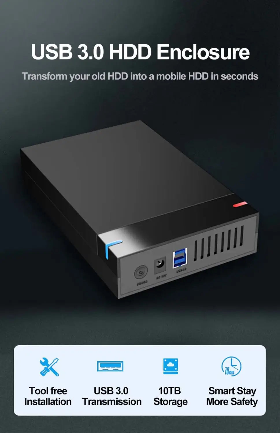 3.5 Inch Portable External Hard Drive Case Box Enclosure SATA SSD HDD 10TB USB 3.0 Transmission for PC Laptop TV Cellphone