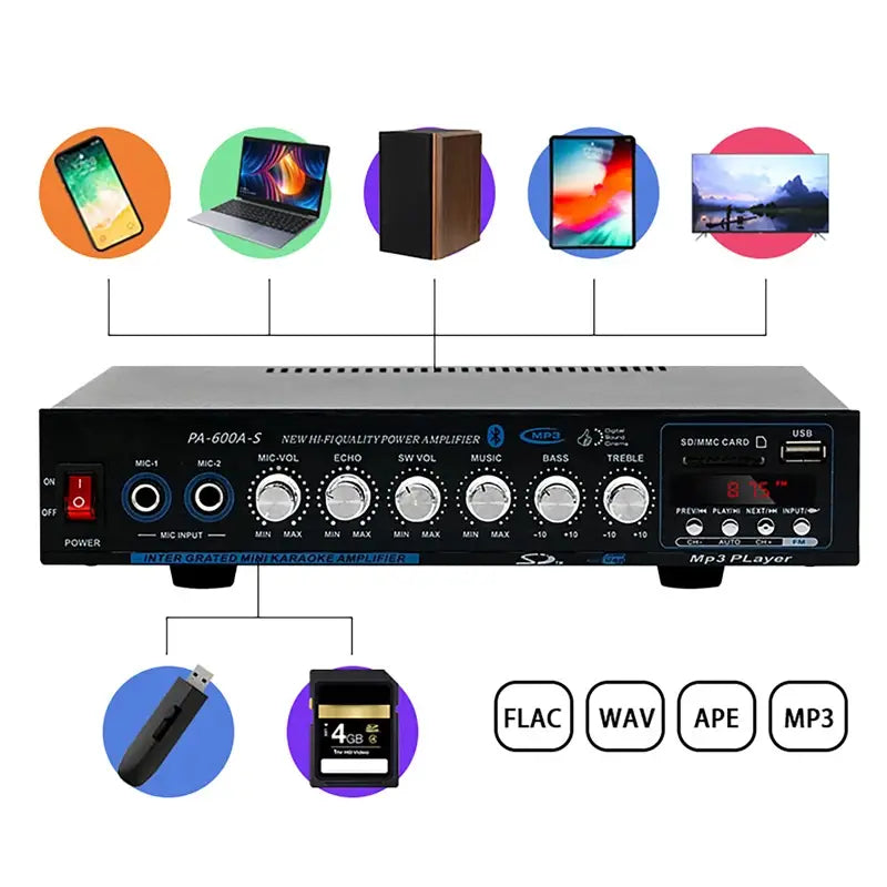 High Power Professional Hifi Bluetooth Amplifier 4.1 Channel Surround Sound FM USB Remote Control 800W Home Car Amplifier Stereo