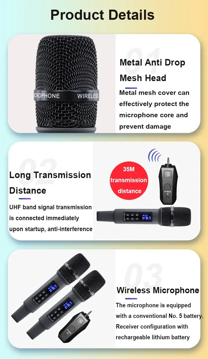 UHF Wireless Handheld Dynamic Karaoke Microphone Bluetooth Receiver Performing Professional Home Reverb High and Low Bass Mic