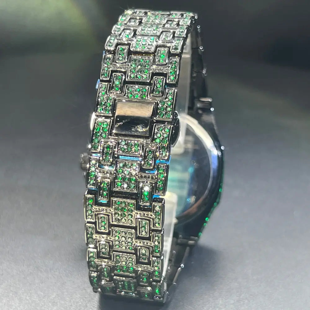MISSFOX Hip Hop Wristwatch For Men Luxury lce Out Full Diamond Watches Fashion Green Watch Wterproof Week Display Clock 2025