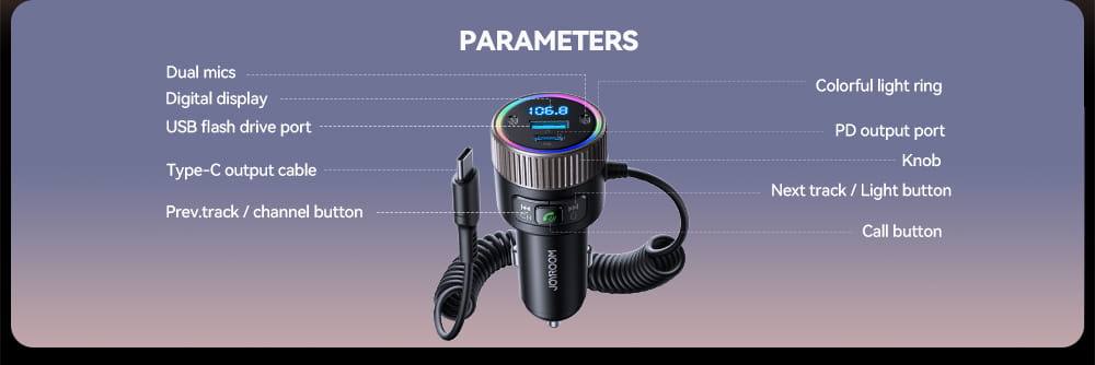 JOYROOM 60W Bluetooth 5.4 FM Transmitter PD QC 3.0 Super Fast Car Charger Dual Mics HiFi Deep Sound USB C Car Charging Adapter