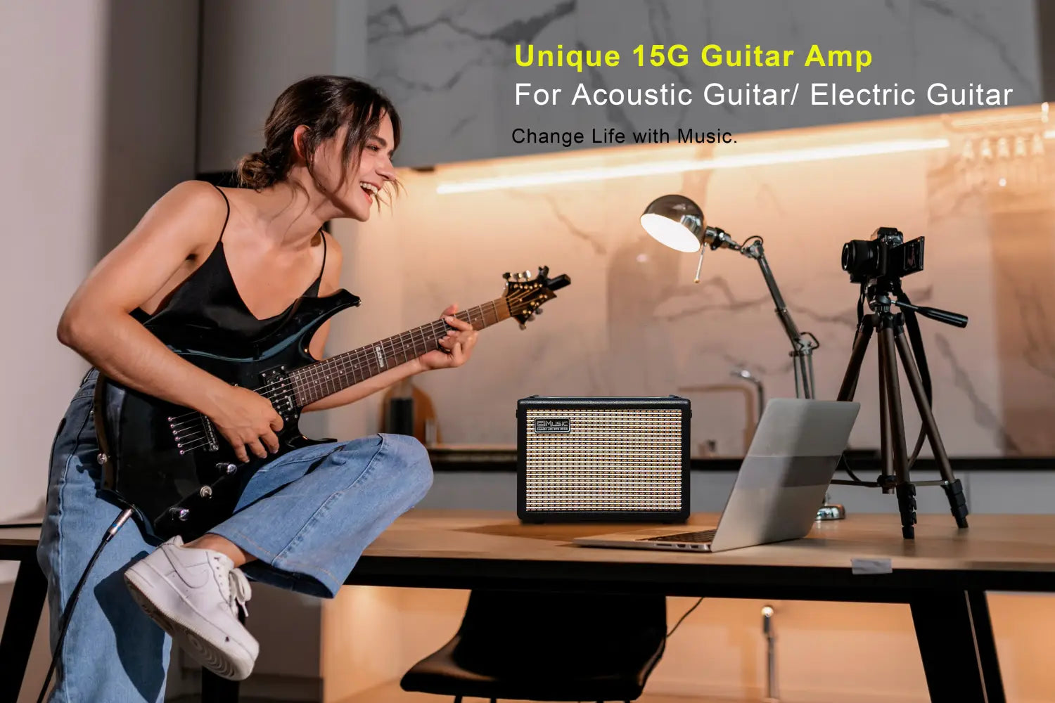 Coolmusic-Stringed Music Instrument Electric Guitar Amplifier Rechargeable 15W Headphone Wireless Connect Distortion