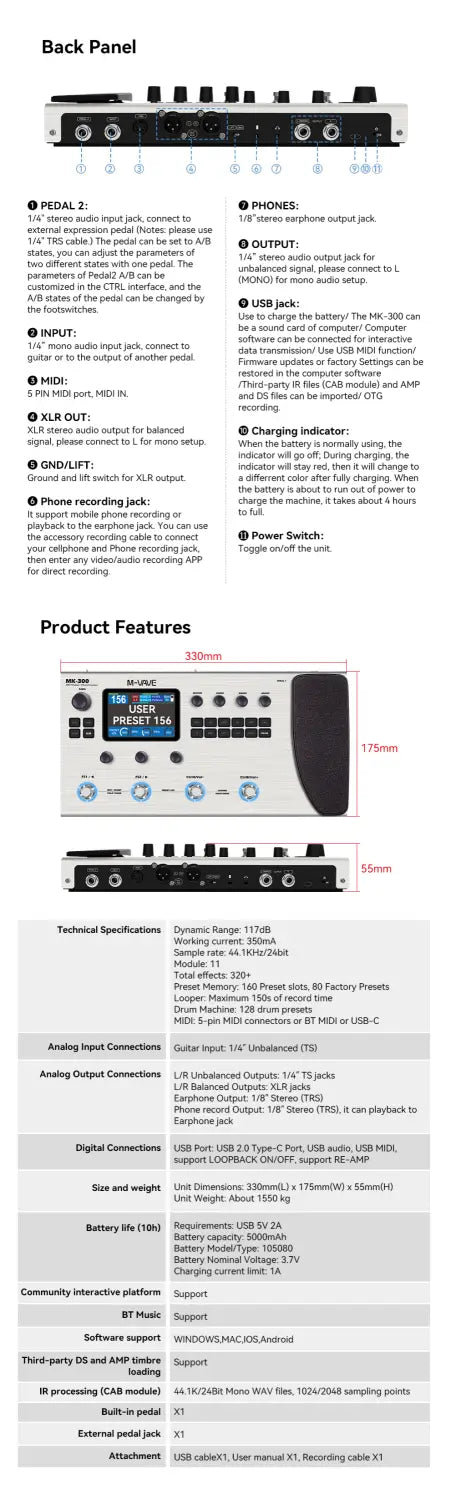 M-VAVE MK-300 Guitar Bass Multi-Effect Processor with 150s Looper 128 Drums MIDI DAW 120AMP 10h Battery ANN Neural Modeling